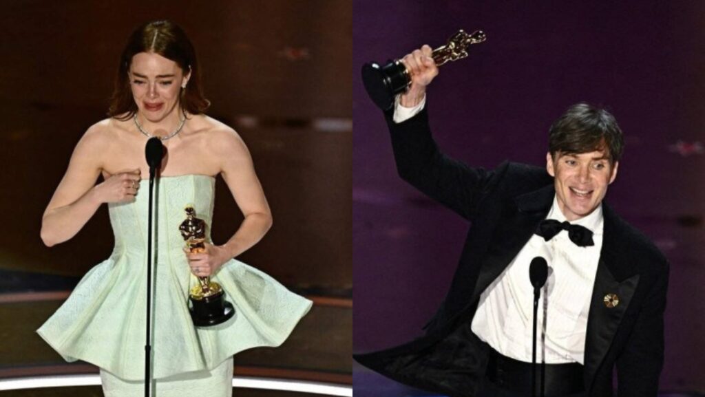 Emma Stone e Cillian Murphy rebencendo seus Oscars de Melhor Atriz e Melhor Ator, respectivamente. Foto: Reprodução.